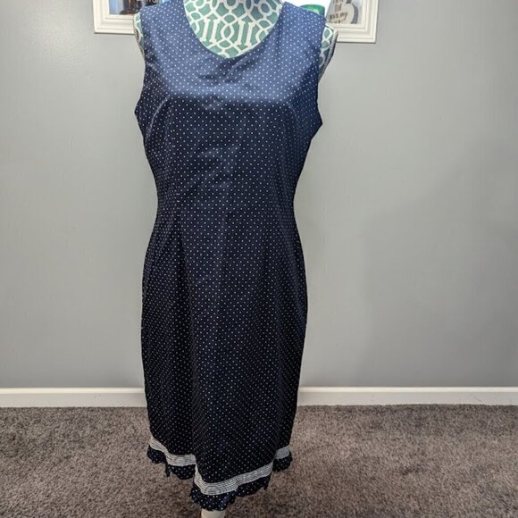 Talbots Navy Blue and White Polka Dot Sleeveless Dress with Ruffle Bottom Size 8 - Picture 1 of 8